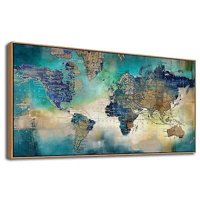 #ad Large World Map Canvas Prints Framed Wall Art for Living Room Office 24x48 Gr... $189.39