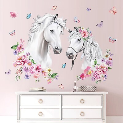 #ad White Horse Flower Wall Decals Farm Animal Floral Butterfly Wall Stickers $22.18