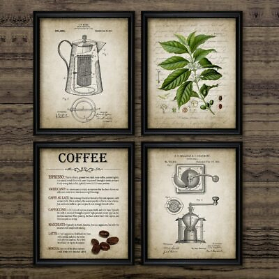 Wall Art Kitchen Home DecorCoffee Cafe Java Lover Fan Barista Patent Print Set 4 $12.00
