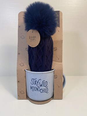 #ad Eccolo ”Stay Wild Moon Child” Big Coffee Mug Blue Fur Ball Knit Hat New Gift Set $16.95