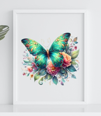 #ad Butterfly Wall Art Print Colorful Butterfly and Flowers Print Wall Art Decor $9.99