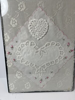 #ad Framed Lace Wall Art Hankie W Pink Roses 2 White Hearts Country Sweet Decor $23.00