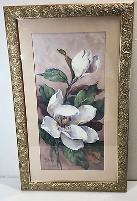 #ad Vintage Magnolia Wall Art Signed Barbara Mock Gold Framed Picture 31quot; X 19quot; $34.99