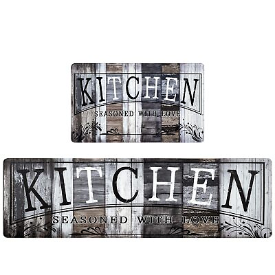 #ad Farmhouse Kitchen Mats Sets 2 Piece PVC Kitchen Rug Waterproof Vintage Wooden... $53.19