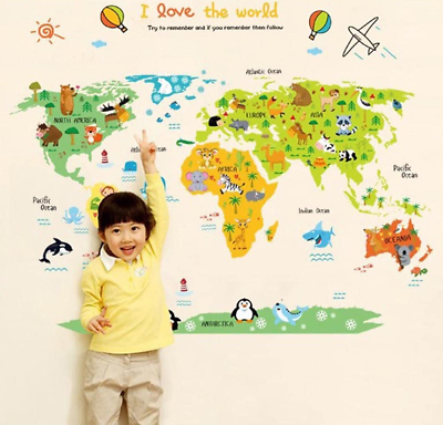 #ad Kids Educational Animal World Map Wall Stickers Zoo Park Home Decor Delight $14.99