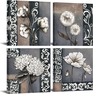 #ad 4 Pieces Vintage Flower Canvas Wall Art Dandelion Cotton Hydrangea Poppy Floral $34.73