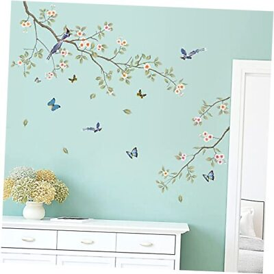 #ad Green Leaf Branch Wall Decals White Flowers Wall Stickers DIY Removable A $23.46