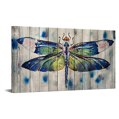 #ad Large Watercolor Dragonfly Canvas Wall Art Abstract Insect Animal Rustic Wood... $69.34