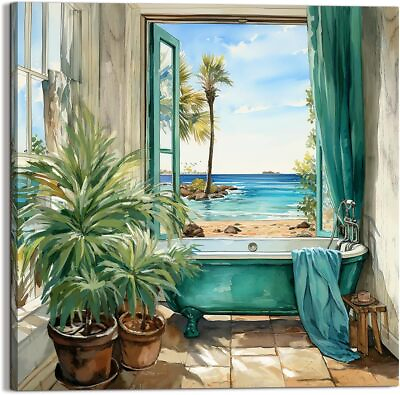 #ad Bathroom Canvas Print Wall Art Decor Teal Bathtub Picture Sea ​​View The Window $38.98