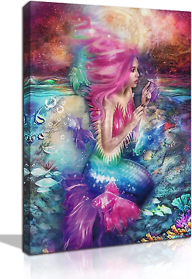 #ad #ad Mermaid Pictures Canvas Wall Art for Bathroom Pink Mermaid Room Decor for Girl $19.95
