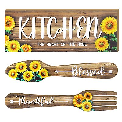#ad Yerliker 3 Pieces Sunflower Kitchen Decor Hello Summer Blessed Thankful Woode... $23.73