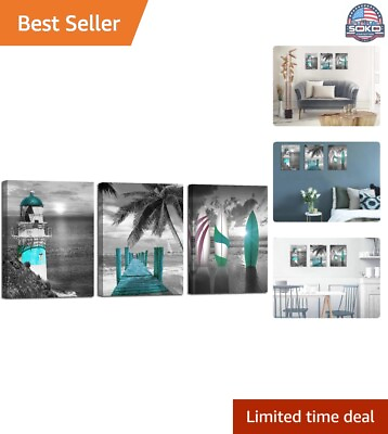 #ad Teal Lighthouse Wall Art Trio Framed Beach Scene Pictures for Living Room $57.97