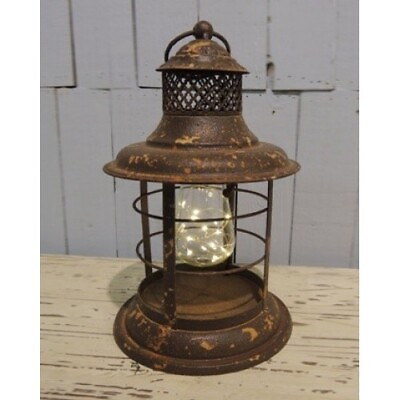 #ad NEW Primitive LED LANTERN w Bulb 14quot; x 7quot; Rusty Distressed Rustic Style Metal $37.94