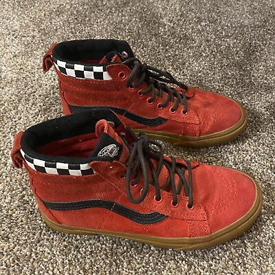 Vans off the wall Kids 4 US Red Black Mid High Skateboard Shoes VGC Checker $17.99