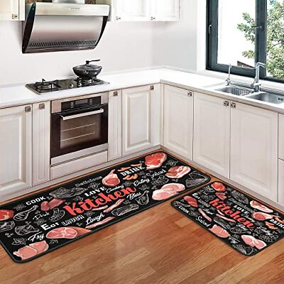 #ad Kitchen Rugs and Mats【2 PCS】 Farmhouse Kitchen Decor Non Skid Washable Black ... $22.97