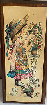 #ad Retro Art Print On Wood Girl W Flowers And Kitten Wall Decor 16quot;×7 1 4quot; Vtg $14.95