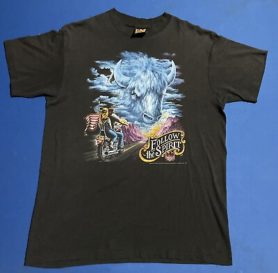 #ad Vintage 3D Emblem Follow The Spirit T Shirt Buffalo American Biker Black Size L $120.99