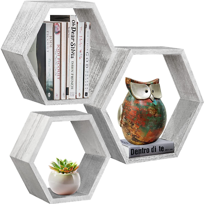 #ad Set of 3 Hexagon Floating Shelves Honeycomb Wall Shelf Home Decor Driftwood $24.99
