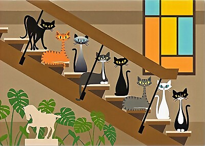 #ad Mid Century Modern 14 x 11 Art Print of Cats on Stairs frame not included $13.95