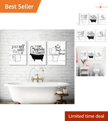 #ad Bathroom Quotes Canvas Wall Art Retro Wood Style Black and White Toilet Set $47.48