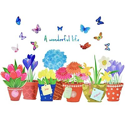 #ad #ad Colorful Butterflies Flower Pots Wall Decals Spring Garden Floral Bonsai Wall $10.39