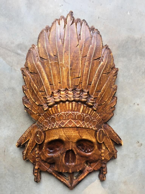 #ad wood carved Native American skull spirit wooden wall art decor sculpture $45.00