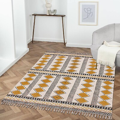 #ad Indian Accent Cotton Carpet Handmade Kitchen Yellow Kilim Living Room Area Rug $328.50