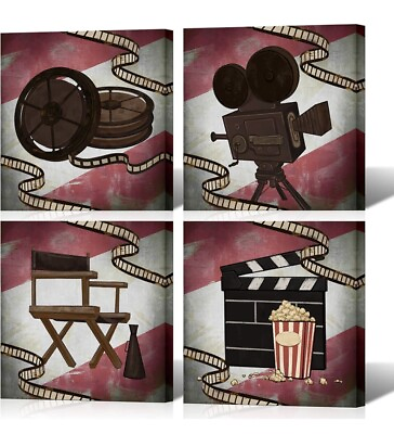 #ad 4 Piece Movie Theater Canvas Wall Decor Set Vintage Rustic Room Art amp; Signs $27.95