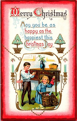 #ad #ad Antique Christmas Postcard Boy Girl Play Wicker Basket Topiary Art Deco 256 $6.99