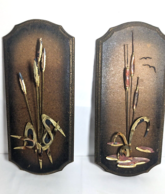 #ad Vintage Home Interior Metal Wheat Cat Tails on hanging wood frame set of 2 $25.49