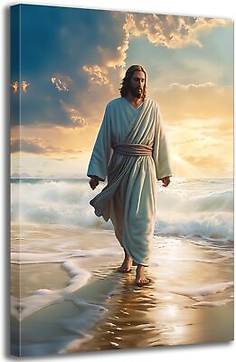 #ad Jesus Wall Decor Canvas Christ Posters Prints God Walking on the Beach Framed $13.90