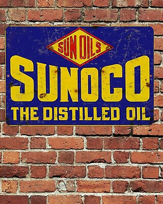 #ad Sunoco Sun Oils The Distilled Oil Sign Aluminum Metal 8quot;x12quot; Retro Aged Rustic $12.75