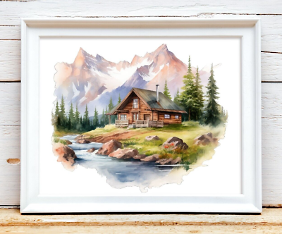 #ad Mountain Cabin Wall Art Print Forest Wall Art Decor Woodland Home Decor $9.99