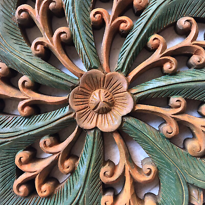 #ad Wood Hand Carving Floral Mandala Asian Vintage Wall Art Home Decor 11.5quot; x 1quot; $55.95