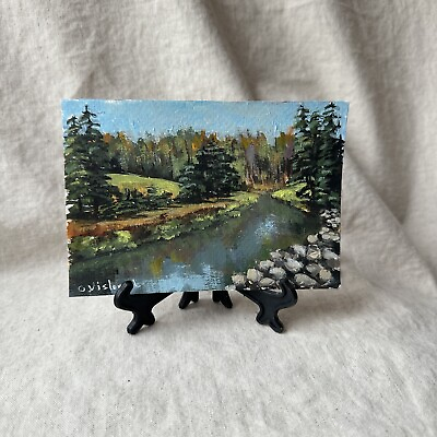 #ad Small Painting Landscape River Small Art Forest Painting $25.00
