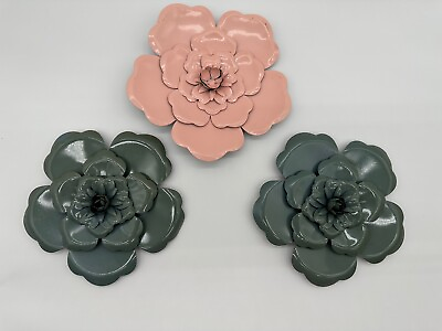 #ad Set of 3 Pink amp; Green Metal Flower Wall Hanging Home Décor Floral Art 7” amp; 8” $35.00
