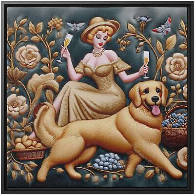 #ad Golden Retriever Wall Art Canvas Print Embroidery Dog Painting Vintage Women $96.78