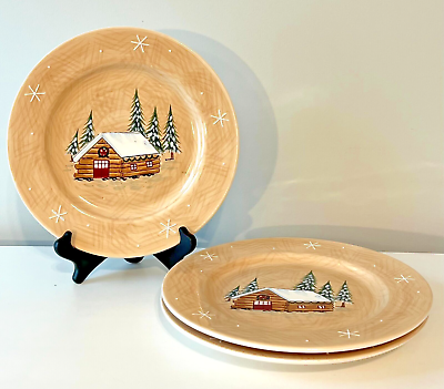 #ad 3 Target HOME Northwoods 10.5quot; Dinner Plates Log Cabin Winter Scene Alaska Feel $20.00