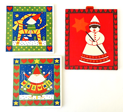 #ad 3 Scandinavian Christmas Wall Decorations Norwegian Ceramic amp; Fabric Bergquist $25.49