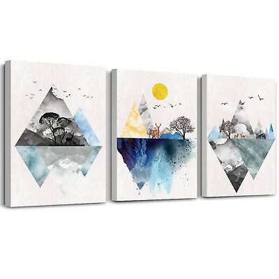 #ad Wall Art Canvas Prints Decor Abstract Geometric Watercolor Painting 3PCS Framed $89.99