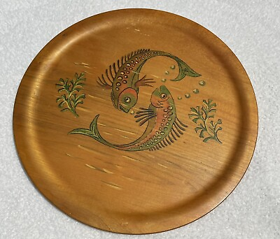 #ad Vintage Mid Century Modern Hand Painted Fish Wooden Platter Round 16quot; $16.79