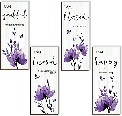 #ad #ad 4 Pieces Purple Wall Decor Purple Bathroom Decor Flower Pictures Wall Decor Wood $23.68