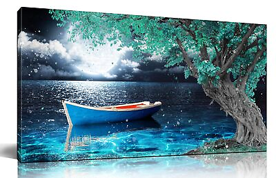 #ad Moon Wall Art Living Room Teal Wall Art Canvas Tree Wall Decor Blue Boat ... $187.47