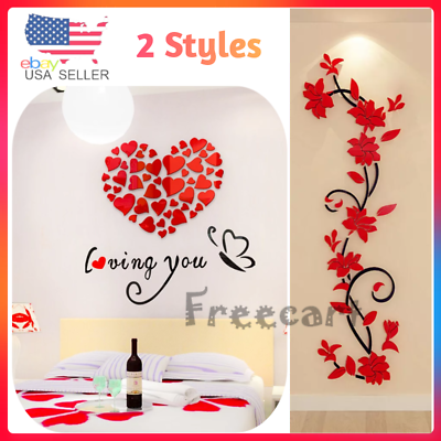 #ad US Family Love Heart Flower 3D DIY Wall Sticker Decor Mural Acrylic Home Decals $4.72