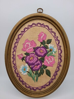 #ad Vintage wall art Cottage core needlepoint floral rose Picture hanging tapestry $22.00