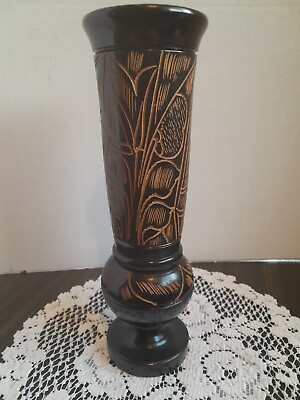 #ad HAND CARVED 10.03 INCH BROWN AFRICAN VASE WITH GOLD ETCHING $20.00