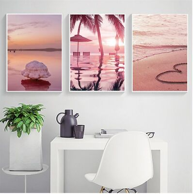 #ad Pink Ocean Flamingo Beach Coconut Tree Wall Art Canvas Paintings Wall Posters $15.99