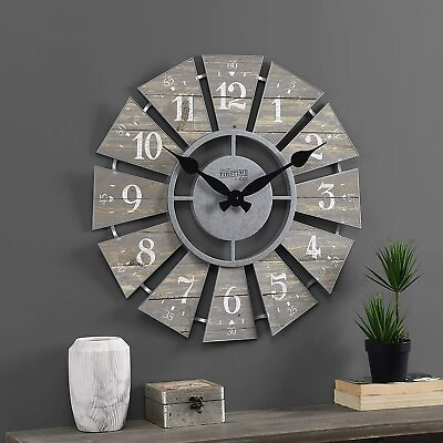 24quot; Large Windmill Design Wall Clock Industrial Farmhouse Home Decor Light Gray $54.94