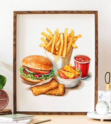 #ad #ad Burger Wall Art Print Fast Food Wall Art Kitchen Decor Print Home Decor $9.99