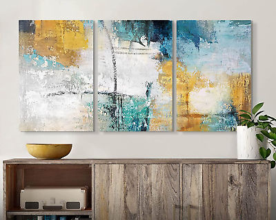 #ad #ad Wall Art for Living Room Teal Blue Mustard Canvas Large Size 3 Piece Modern Abst $165.29